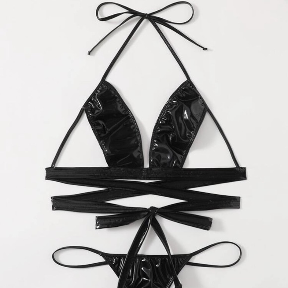 Other - 🔥LAST ONE🔥NWT Vegan Leather Wetlook Halter Cut Out Bra & Panty Set - 2X